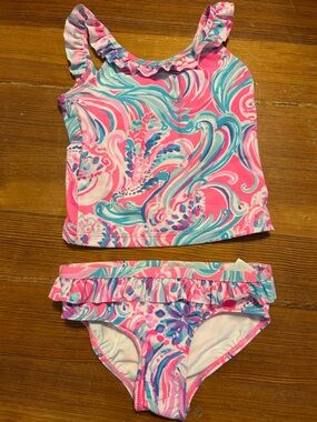 Lilly Pulitzer Pink & Aqua Swirl Ruffle girls bikini